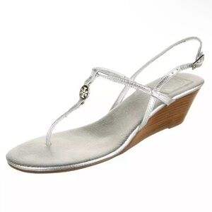 Tory Burch Emmy Metallic Silver Logo Thong Wedges Heels Sandals 7
